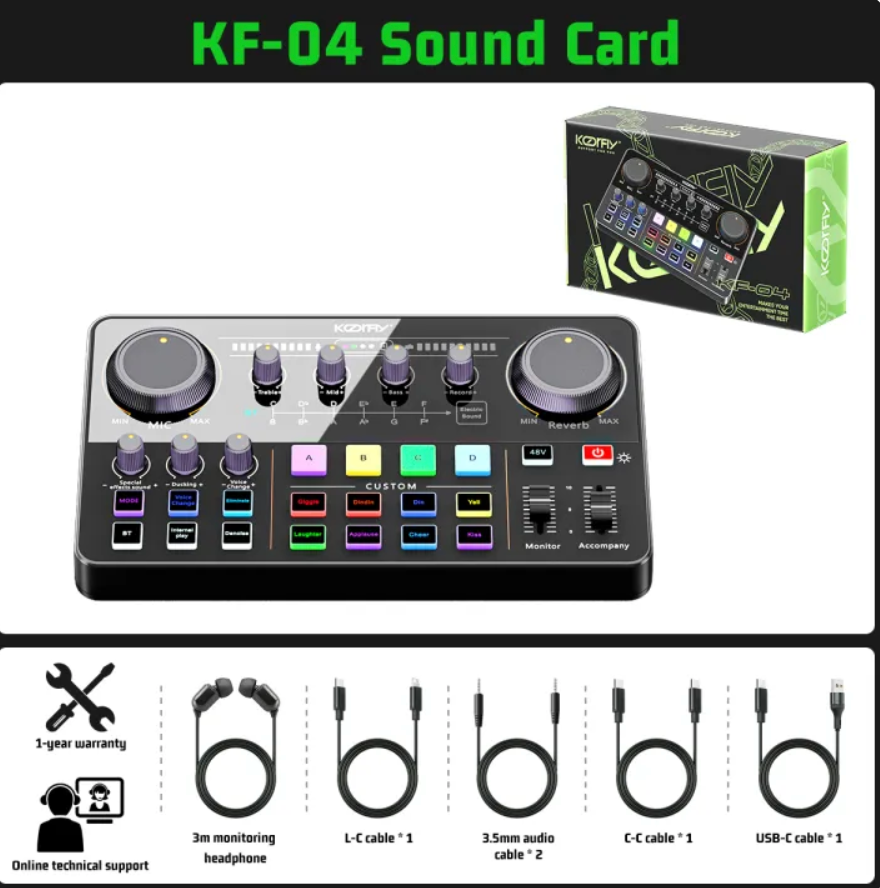 KOORFLY KF04 Live Sound Card Audio Interface Podcast Mixer