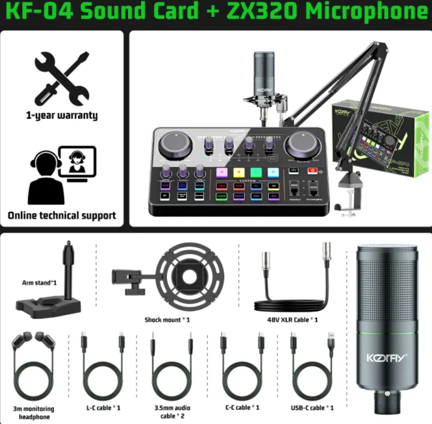 KOORFLY KF04 Live Sound Card Audio Interface Podcast Mixer
