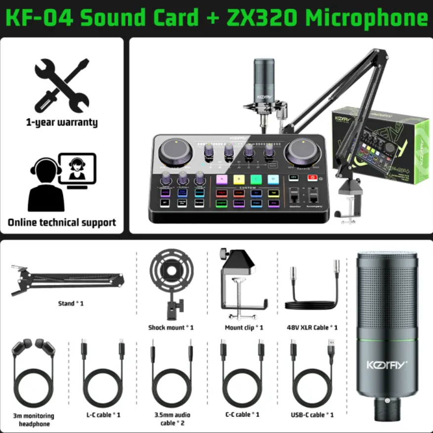 KOORFLY KF04 Live Sound Card Audio Interface Podcast Mixer